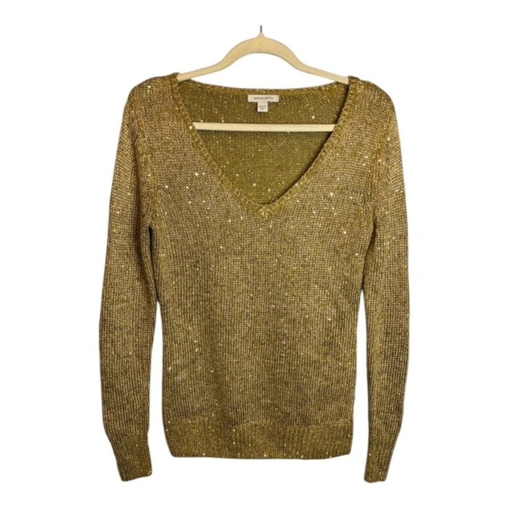 Boston Proper Sweater Women's Size XS Sequins Knit VNeck Party Gold